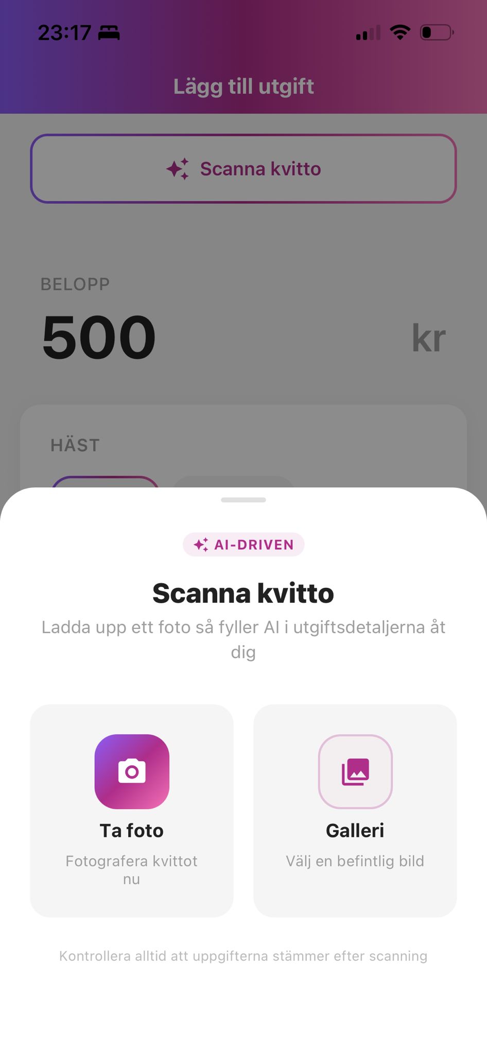 AI receipt scan screen