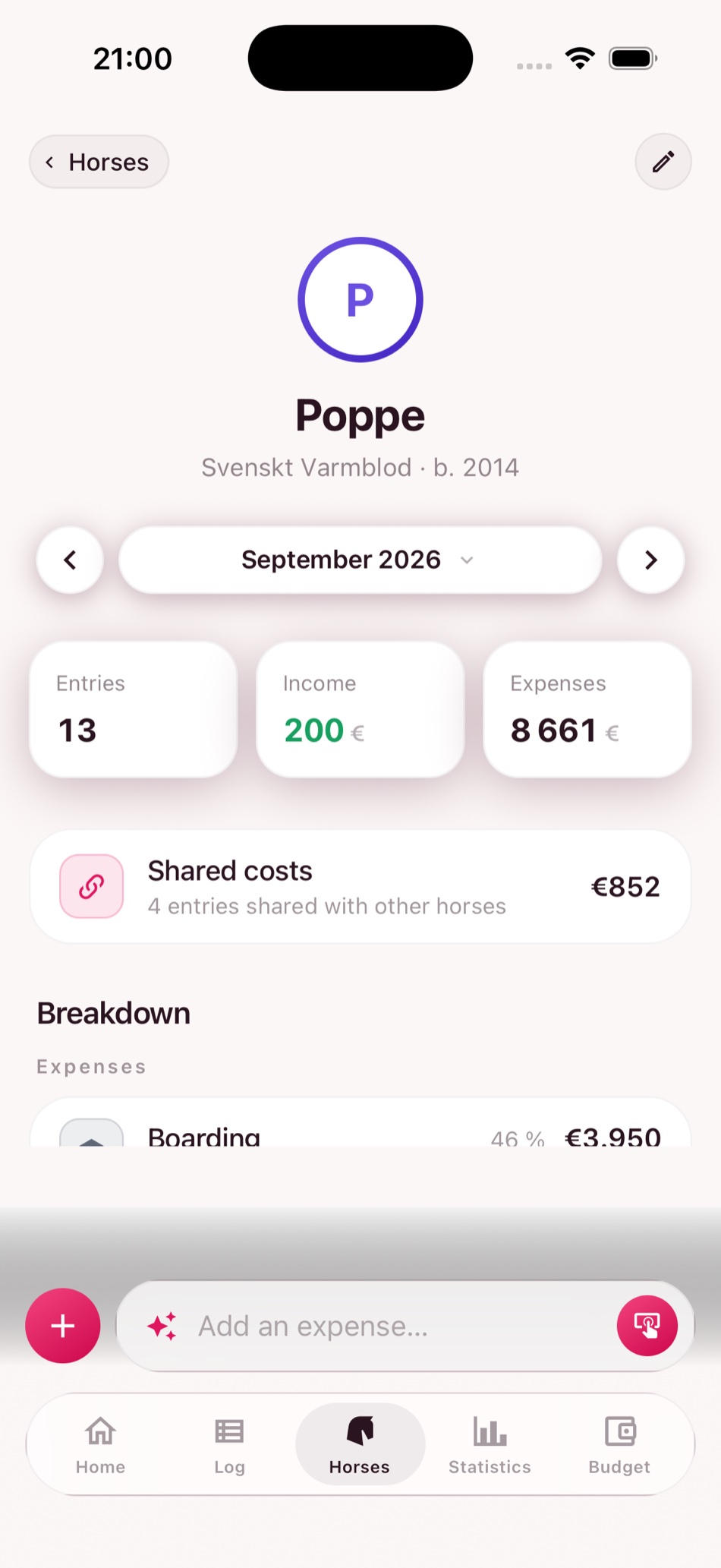 Equinomy horse profile showing expenses, income, and costs shared with another horse