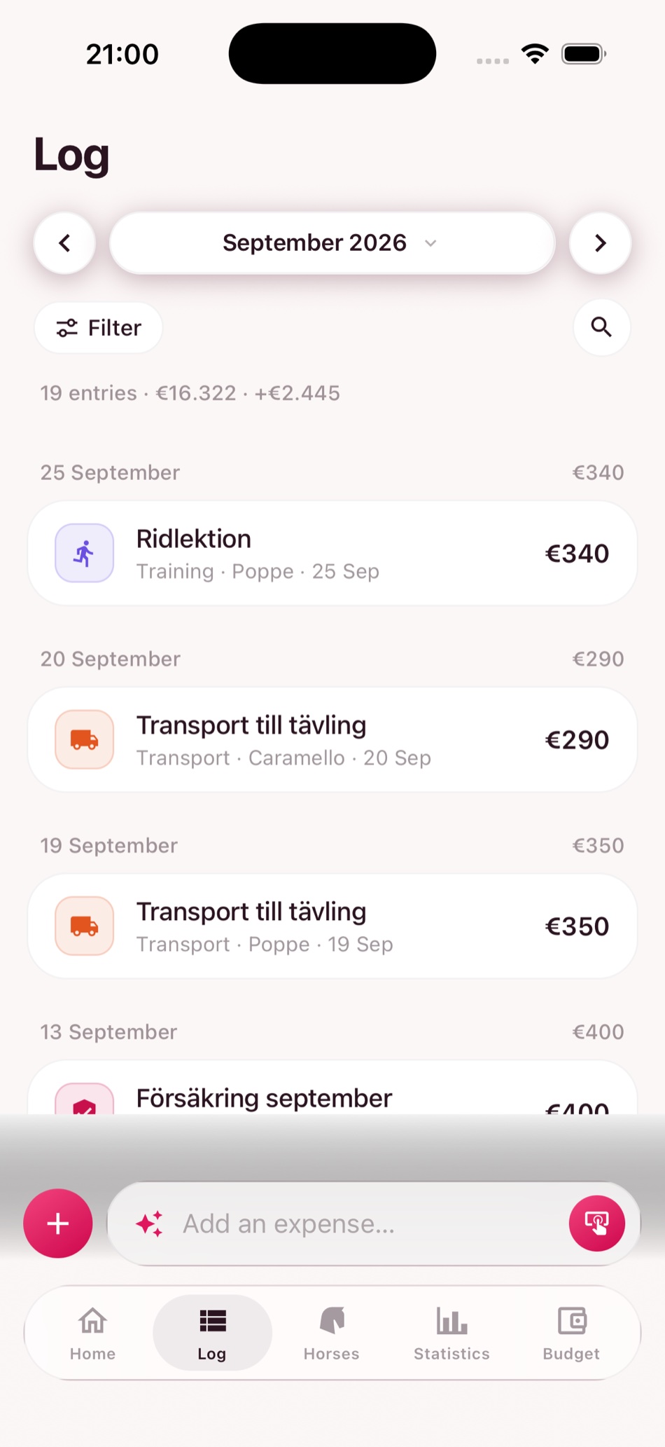 Equinomy Log screen with search, filters, and a list of expenses