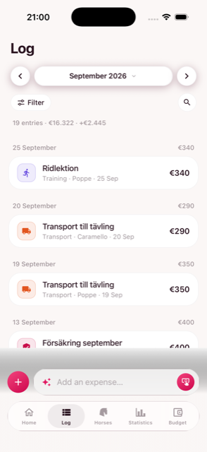 Equinomy Log screen with search, filters, and a list of expenses